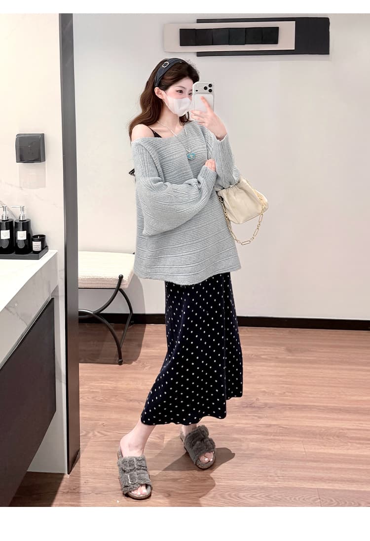 실사 지금 가을 겨울 새로운 한국 스타일 패션 니트 도트 무늬 슬립 드레스 맨위 임산부 투피스 세트 세트 상세 이미지 32