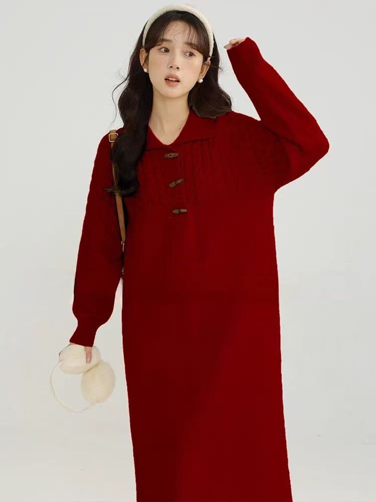 실사 대 물품 가을 겨울 새로운 루즈핏 슬림해 보이는 품격 다용도 두꺼운 꽈배기 임산부 니트 롱 스커트 이미지 4