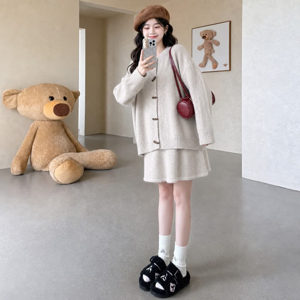 실사 대 물품 폭발 프랑스식 품격 패션 슬림해 보이는 한국 스타일 루즈핏 빅 사이즈 소뿔 버클 니트 임신 엄마 세트 이미지 4
