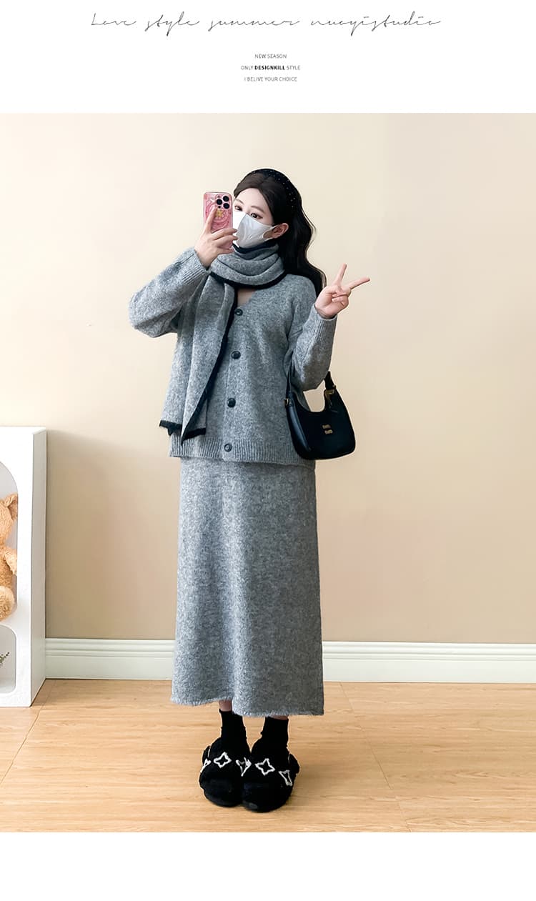 실사 지금 지금 새로운 한 부서 가을 겨울 V넥 니트 스웨터 오픈 가디건 벨트 스카프 반신 스커트 임신 엄마 세트 상세 이미지 17