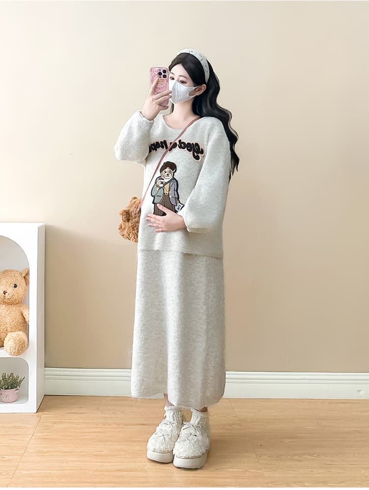 실사 지금 지금 새로운 가을 겨울 한 부서 두꺼운 작은 곰 니트 양면 착용 스웨터 반신 스커트 임신 엄마 세트 상세 이미지 15