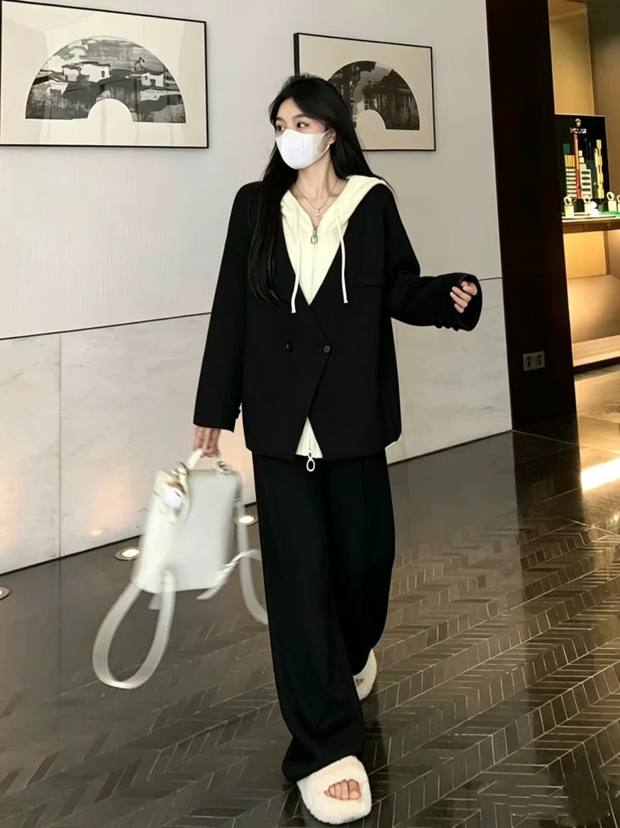 지금 지금 새로운 느긋한 페이크 레이어드 니트 재킷 가져 가라. 캐주얼 넓은 다리 복부 지지 바지 임신 엄마 세트 이미지 4