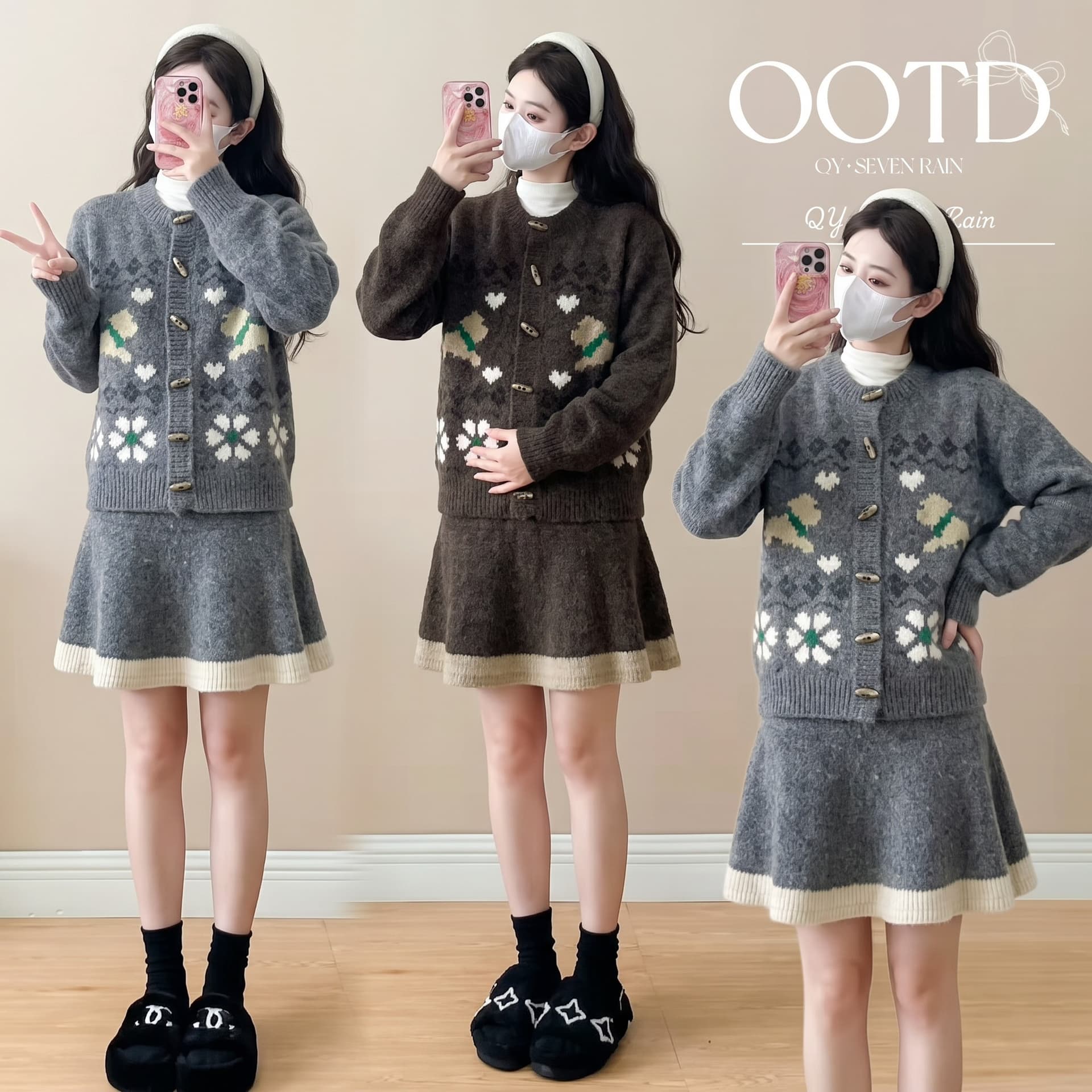 실사 선물 물품 새로운 루즈핏 느긋한 소뿔 버클 가을 겨울 착용 가져 가라. 작은 키 니트 스웨터 임신 엄마 세트 이미지 2