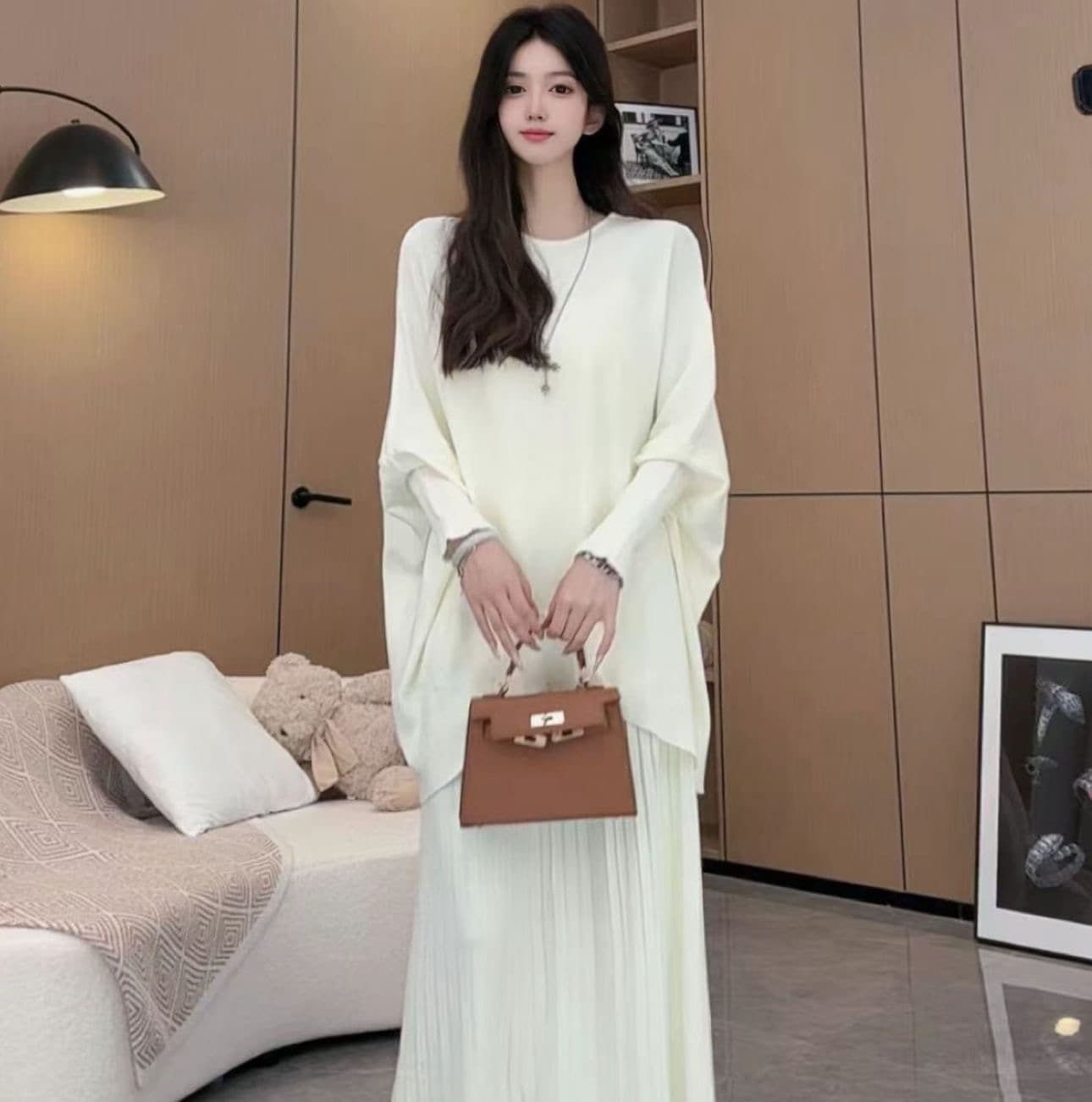 질량 지금 지금 출산 착용 가을 겨울 신제품 높은 품질 비싼 가스 슬림해 보이는 불규칙 슬림해 보이는 박쥐 긴팔 세트 상세 이미지 3