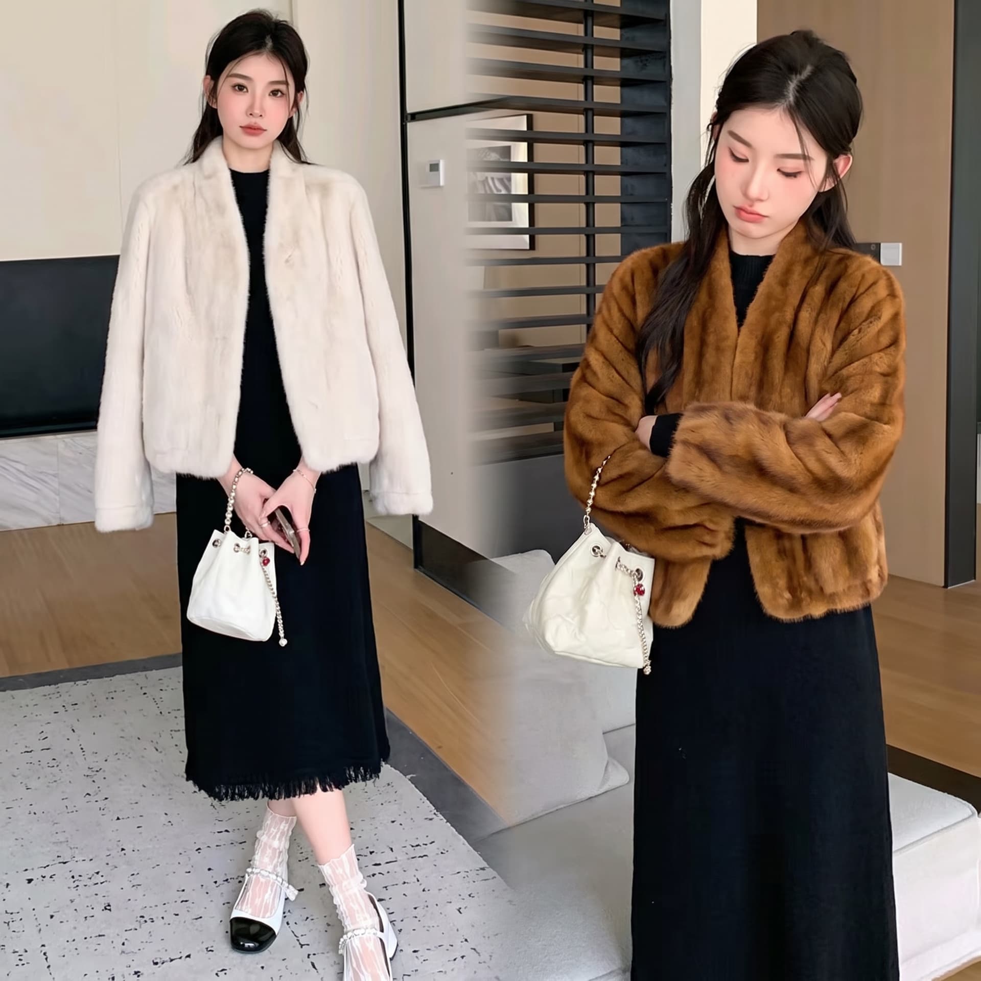 실사 지금 가을 겨울 새로운 방수 밍크 울 피모 하나 부드러운 찹쌀 비싼 가스 재킷 맨위 점프 슈트 치마 세트 이미지 3