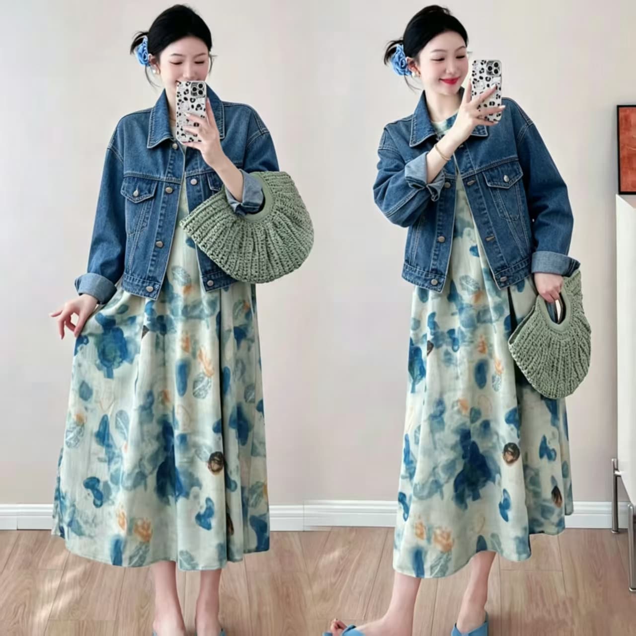실사 대 물품 폭발 새로운 소금 부서 패션 연령 감소 높은 품질 데님 재킷 잉크 페인팅 점프 슈트 치마 세트 상세 이미지 1