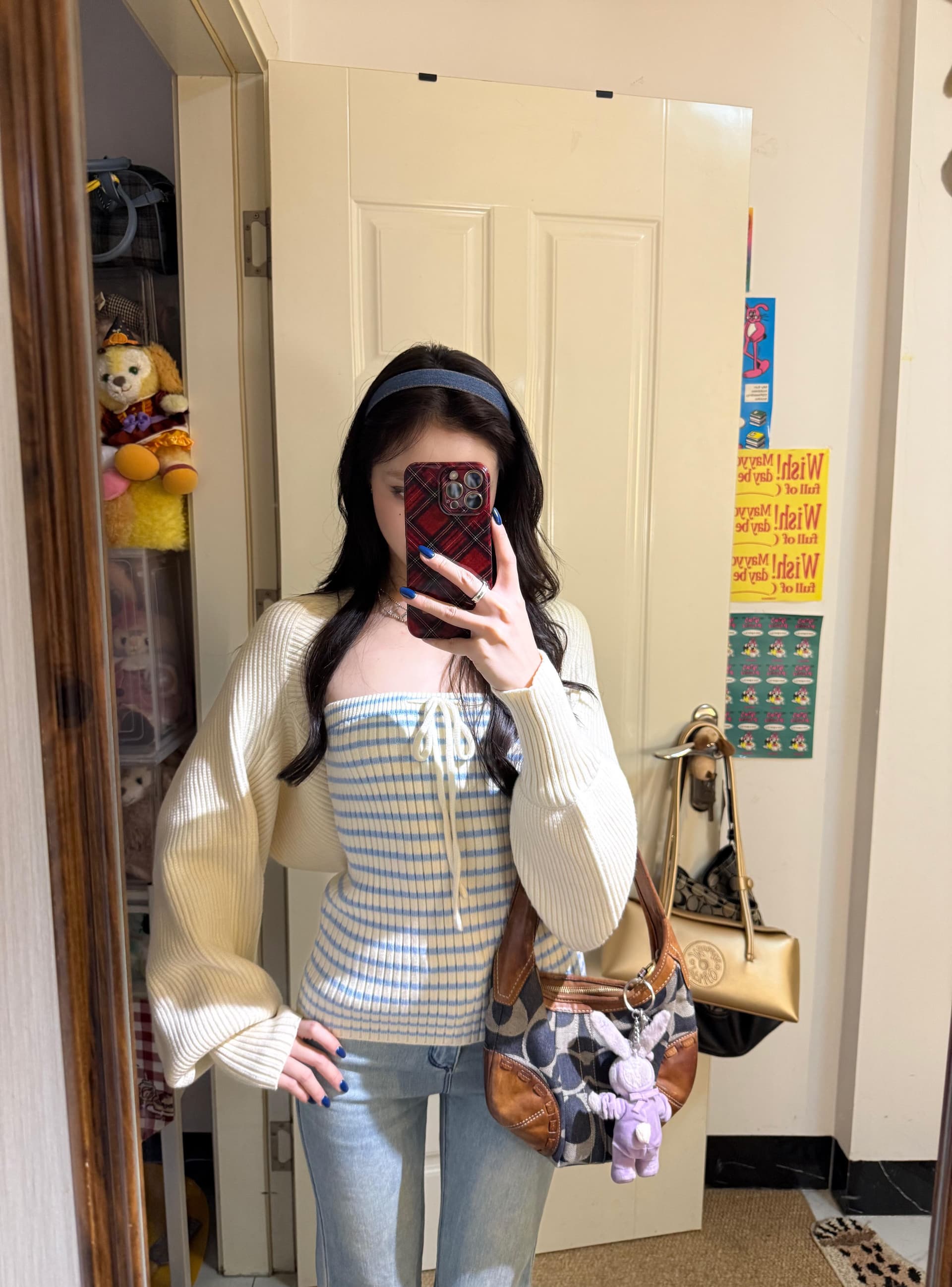 2026 슈퍼 화재 도파민 ootd 착용 가져 가라. 전체 집합 니트 오픈 가디건 스트라이프 튜브탑 조끼 맨위 투피스 슈트 이미지 3