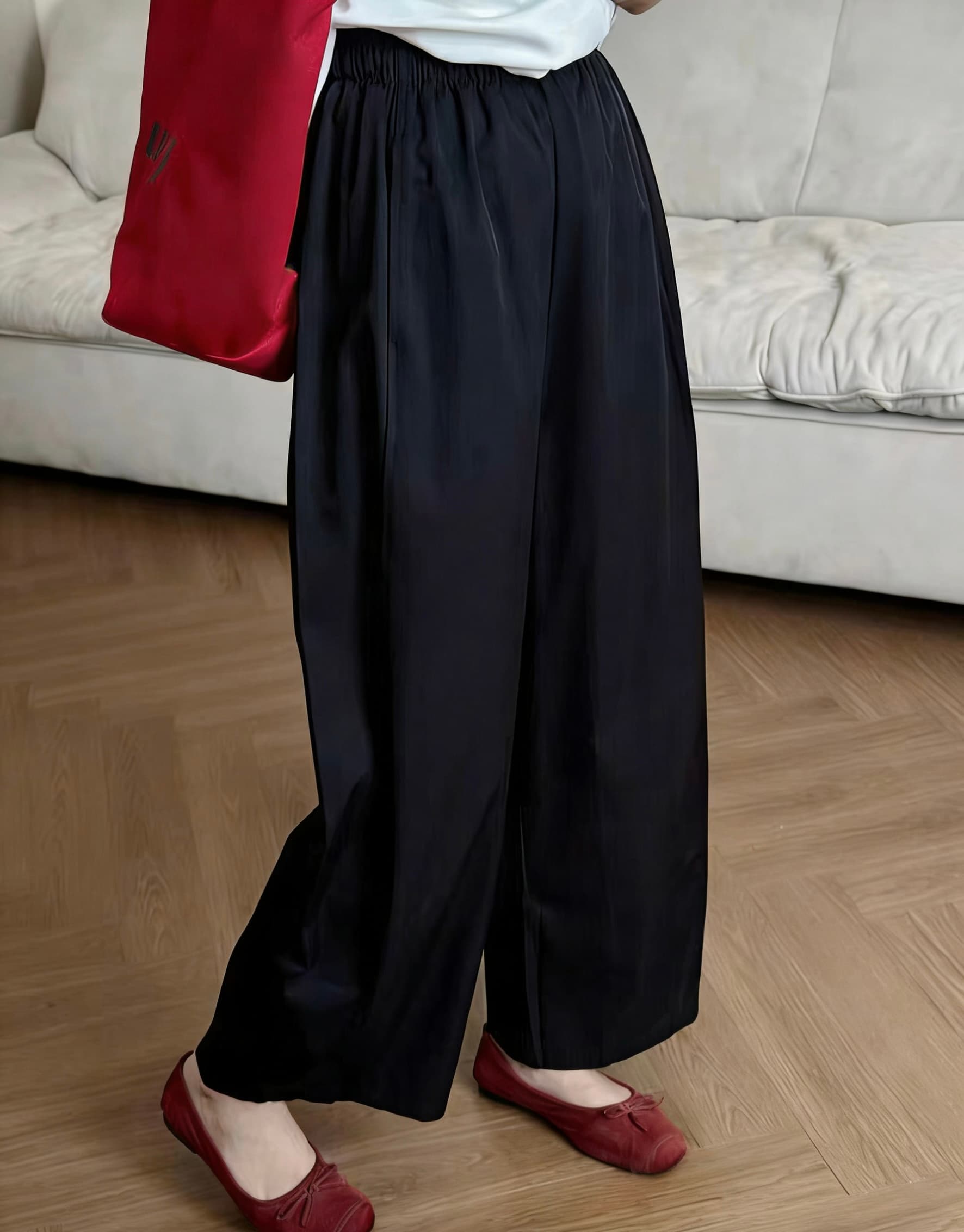실사 황색 허리밴드 캐주얼 풍선 바지 여성 루즈핏 작은 키 스트레이트 9부 바지 와이드 레그 팬츠 이미지 3