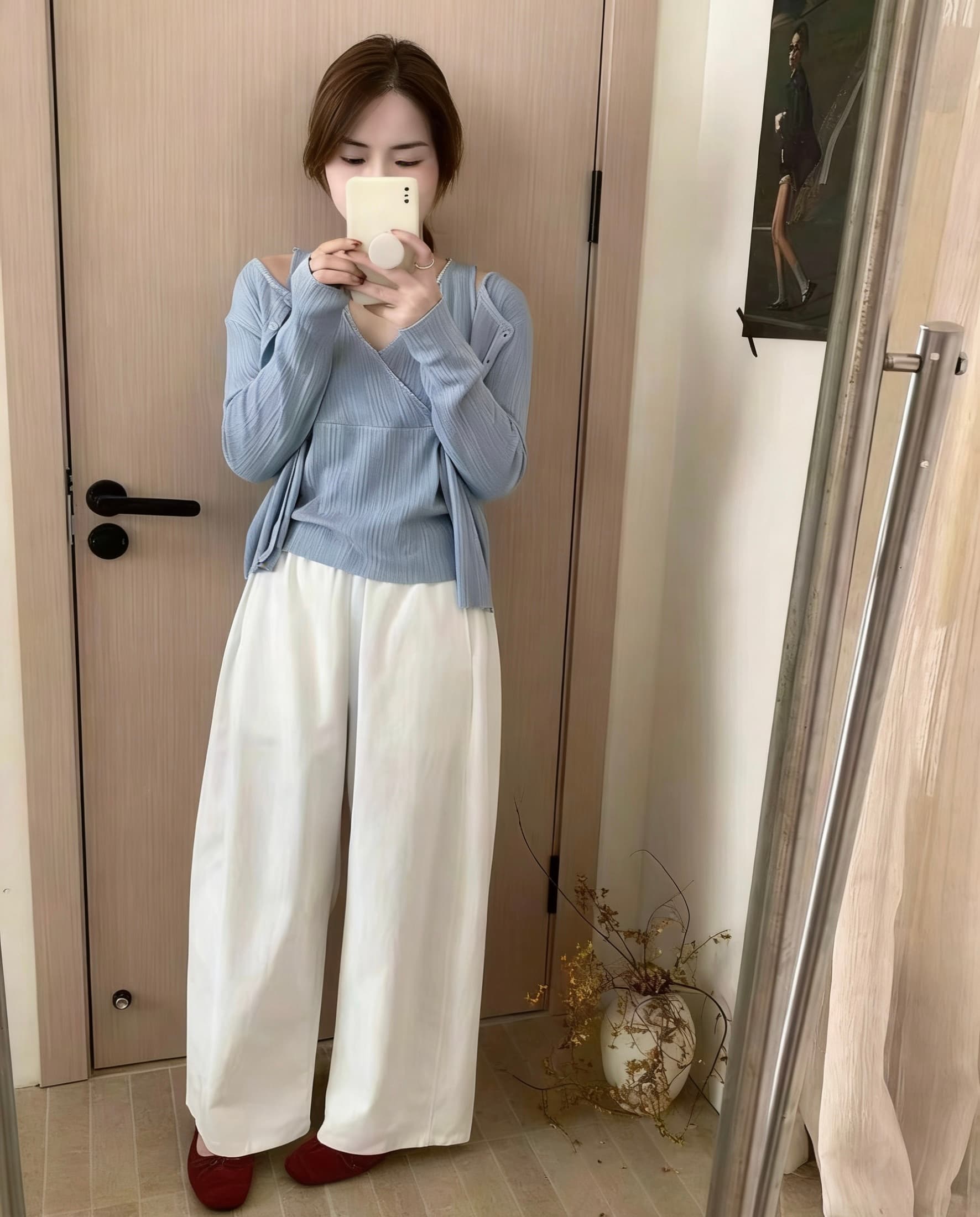 실사 황색 허리밴드 캐주얼 풍선 바지 여성 루즈핏 작은 키 스트레이트 9부 바지 와이드 레그 팬츠 상세 이미지 6