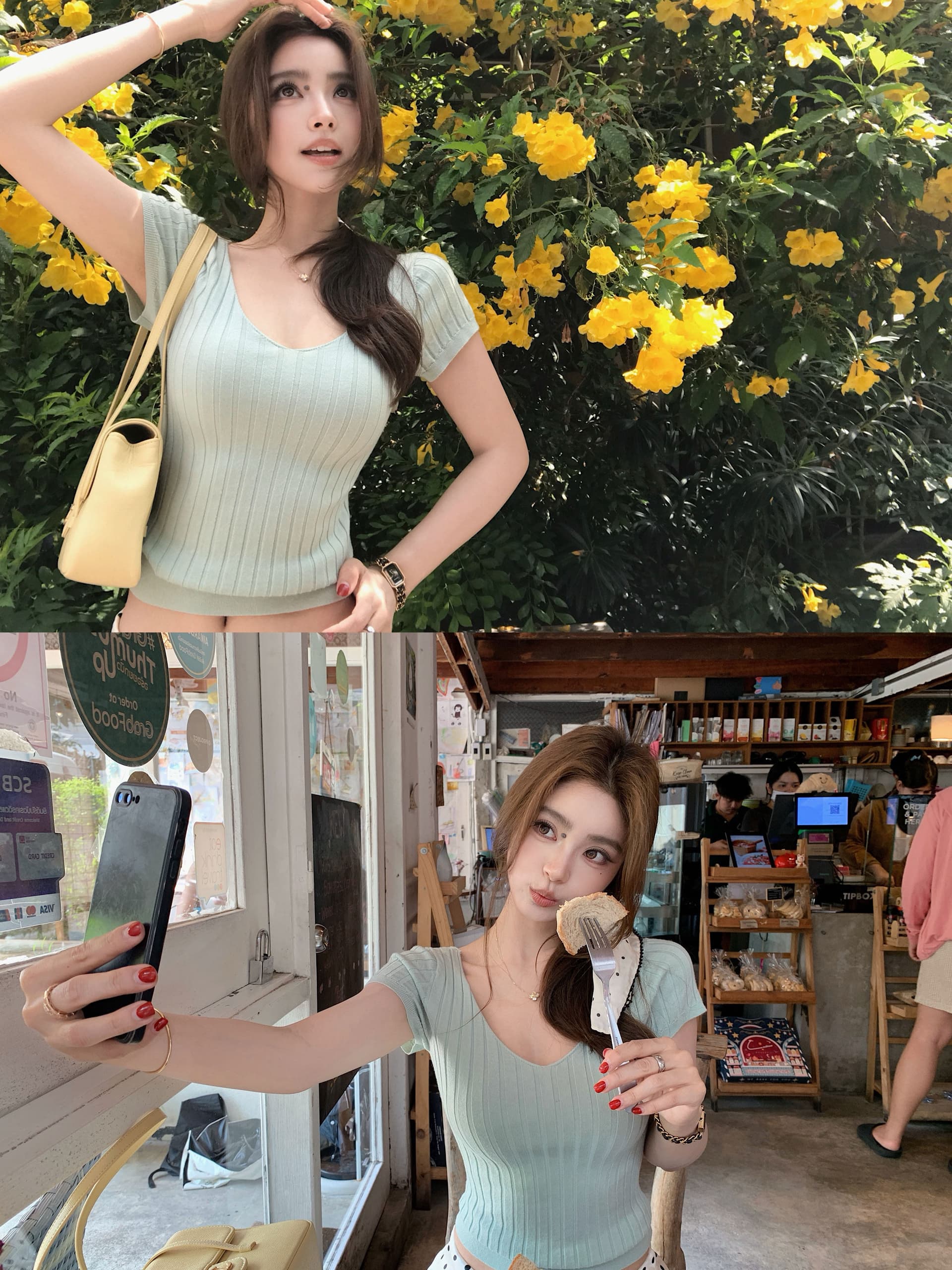 박하 소프트 캔디 신선함 밝은 봄 여름 색상 양모 반팔 티셔츠 여성 V넥 니트 맨위 이미지 4