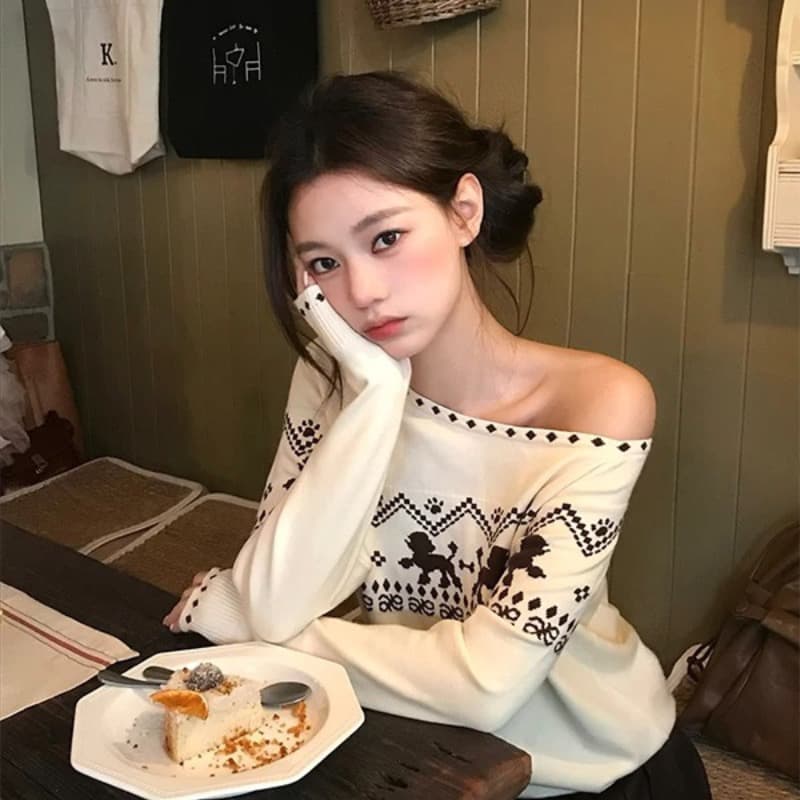 레트로 부드러운 공정한 섬 강아지 자카드 비스듬한 어깨 긴팔 니트 스웨터 가을 겨울 디자인 센스 느긋한 부드러운 찹쌀 맨위 트렌디 이미지 5