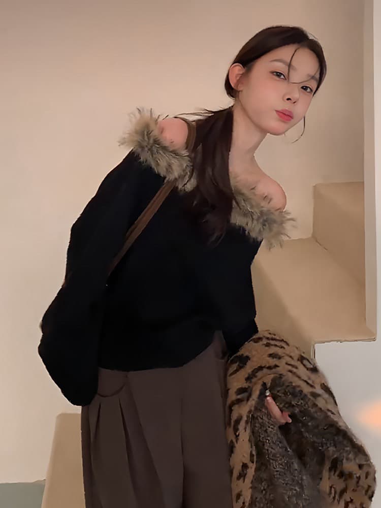 한 부서 느긋한 고급 센스 모피 칼라 오프숄더 검정색 스웨터 여자 가을 겨울 작은 키 몸매 가꾸기 핫걸 오프숄더 맨위 상세 이미지 2
