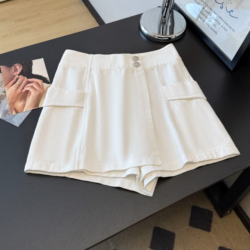실사 워시 물 면 레트로 치마바지 여성 하이웨이스트 슬림해 보이는 와이드 레그 팬츠 비대칭 한 마디 반바지 데님 캐주얼 반바지 상세 이미지 2
