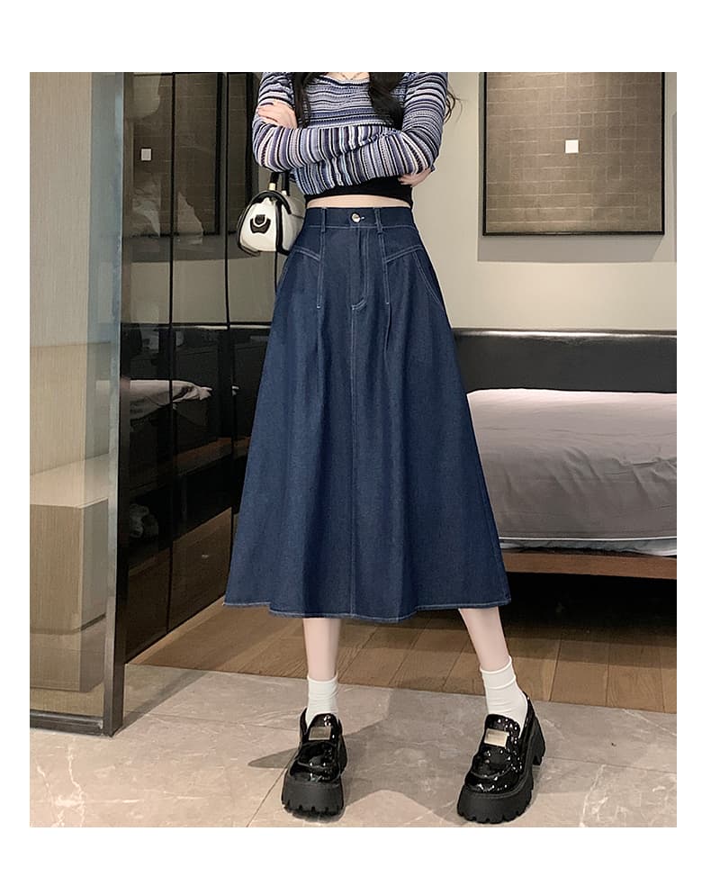 실사 레트로 데님 반신 스커트 여성 봄 새로운 하이웨이스트 중간 길이 스커트 큰 진자 플리츠 A라인 스커트 품격 우산 치마 상세 이미지 28