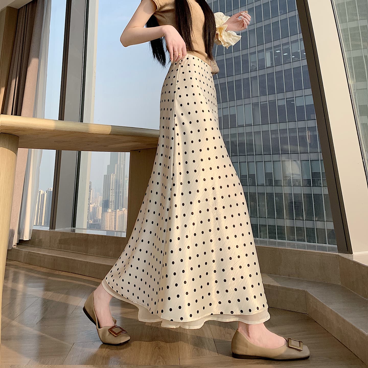 실사 작은 키 길이 쇼트 스타일 아세트산 새틴 깃발 도트 무늬 반신 스커트 허리밴드 트임 원사 롱 스커트 이미지 3