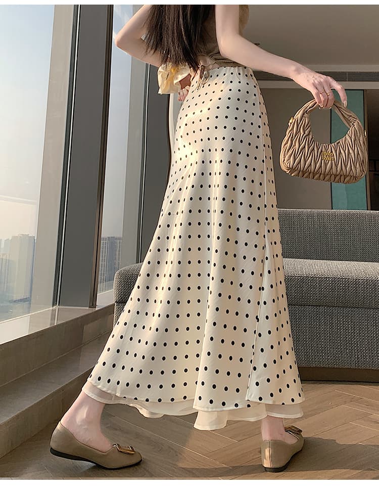 실사 작은 키 길이 쇼트 스타일 아세트산 새틴 깃발 도트 무늬 반신 스커트 허리밴드 트임 원사 롱 스커트 상세 이미지 20