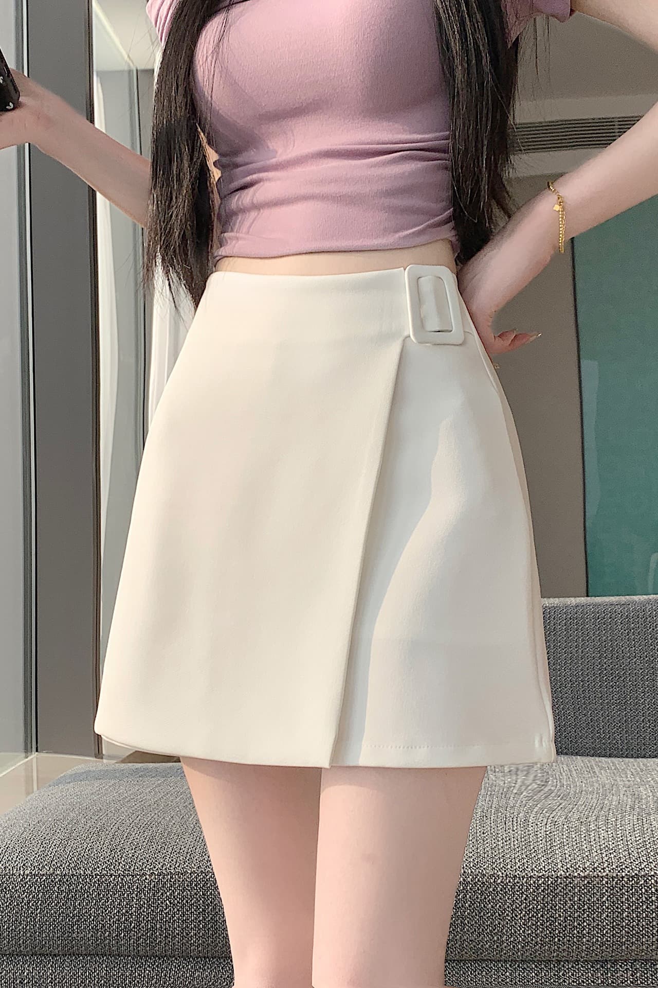 실사 2026 봄 여름 새로운 정장 반신 스커트 여성 작은 키 불규칙 A라인 스커트 하이웨이스트 타이트 스커트 미니 스커트 이미지 7