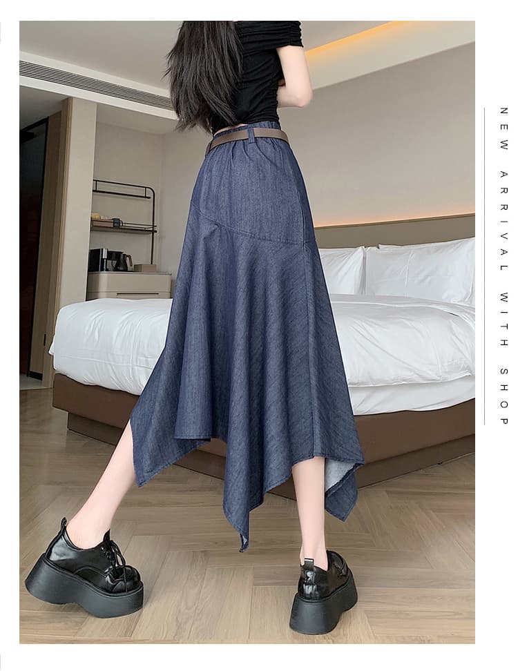 실사 아메리칸 레트로 불규칙 반신 스커트 여성 한 마디 데님 블루 중간 길이 스커트 디자인 센스 배 모양 큰 진자 롱 스커트 상세 이미지 31