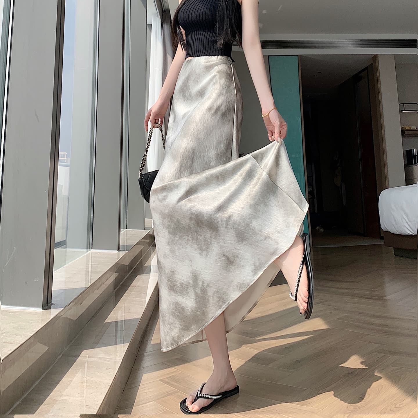 실사 아세트산 새틴 홀치기 염색 반신 스커트 여성 품격 롱 스커트 새로운 잉크 페인팅 한 마디 타이트 스커트 인어 꼬리 중간 길이 스커트 이미지 3