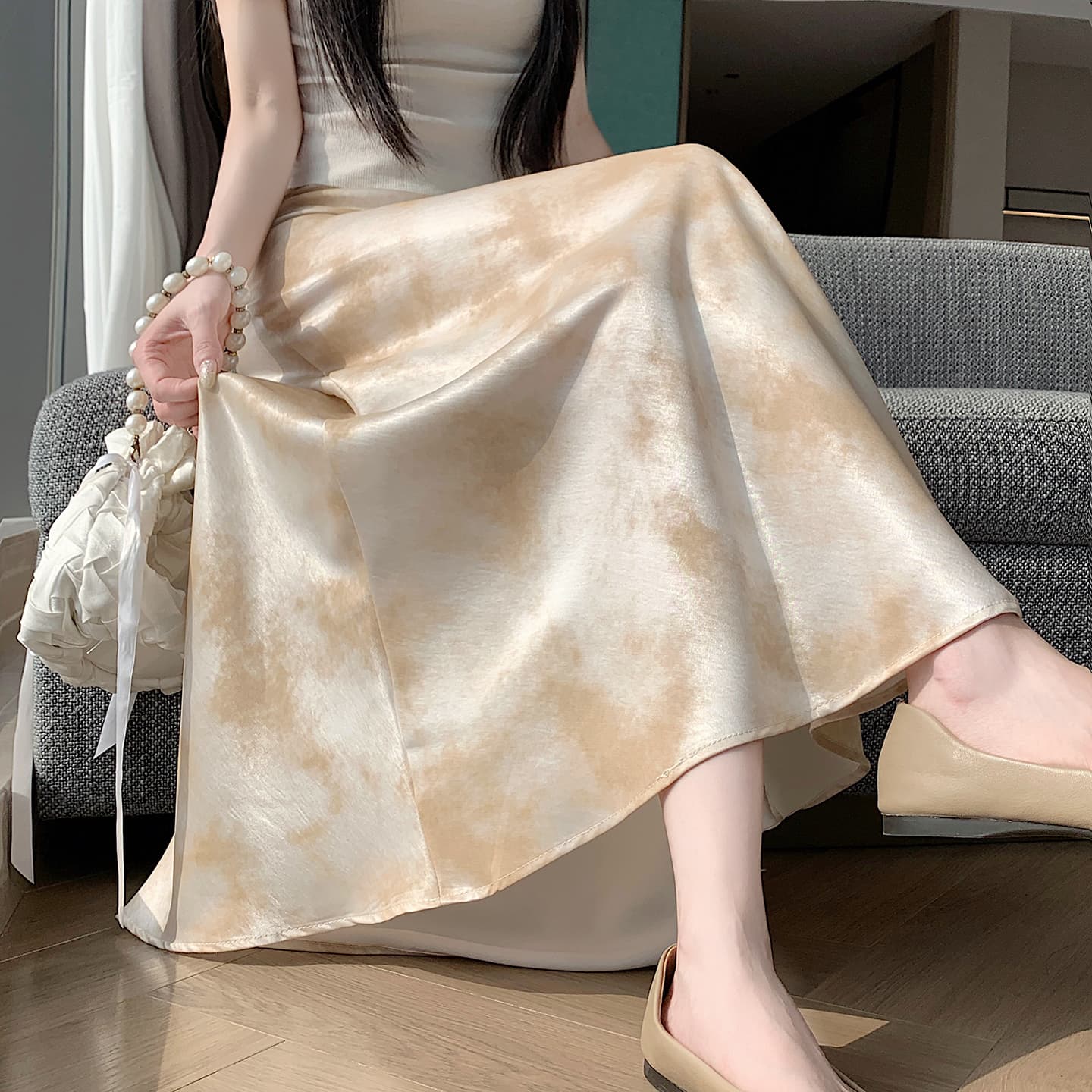 실사 아세트산 새틴 홀치기 염색 반신 스커트 여성 품격 롱 스커트 새로운 잉크 페인팅 한 마디 타이트 스커트 인어 꼬리 중간 길이 스커트 이미지 5