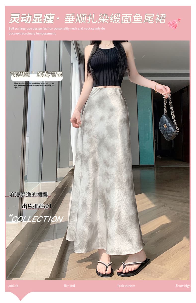 실사 아세트산 새틴 홀치기 염색 반신 스커트 여성 품격 롱 스커트 새로운 잉크 페인팅 한 마디 타이트 스커트 인어 꼬리 중간 길이 스커트 상세 이미지 1