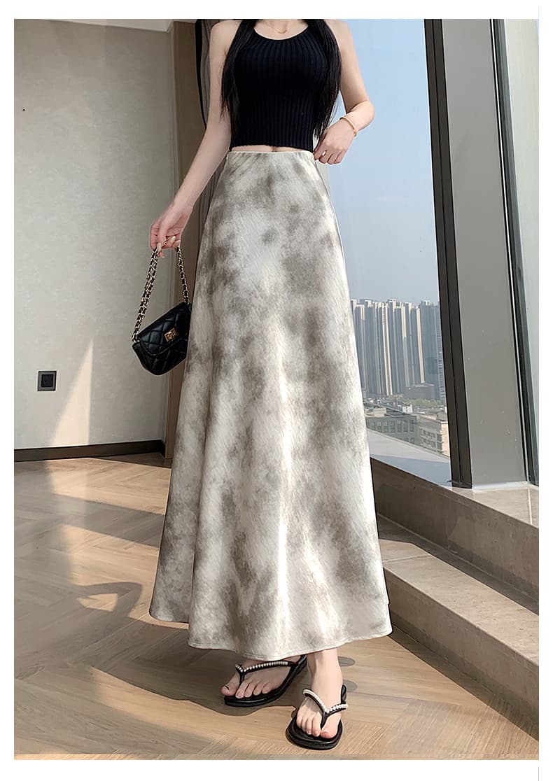 실사 아세트산 새틴 홀치기 염색 반신 스커트 여성 품격 롱 스커트 새로운 잉크 페인팅 한 마디 타이트 스커트 인어 꼬리 중간 길이 스커트 상세 이미지 34
