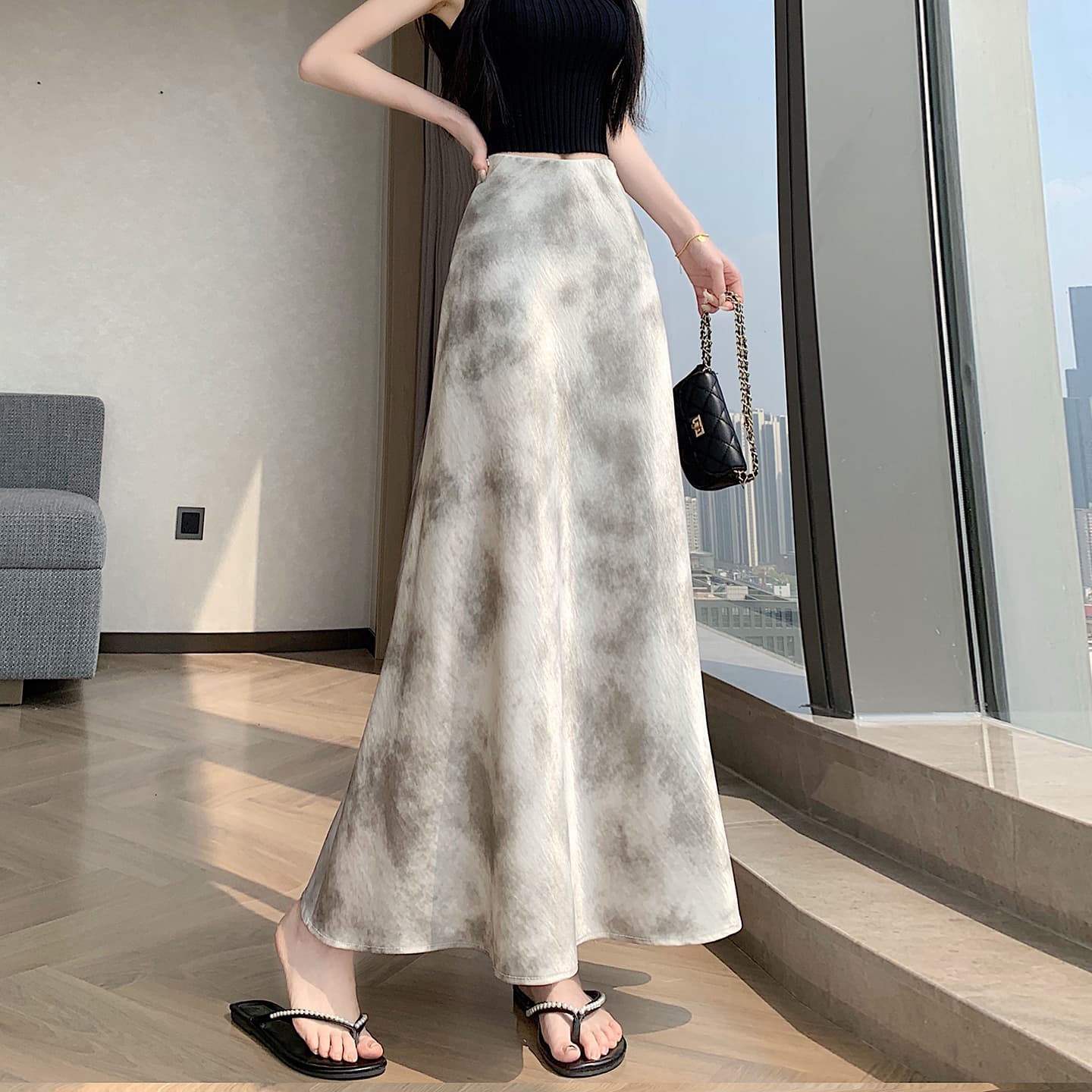 실사 아세트산 새틴 홀치기 염색 반신 스커트 여성 품격 롱 스커트 새로운 잉크 페인팅 한 마디 타이트 스커트 인어 꼬리 중간 길이 스커트 이미지 2