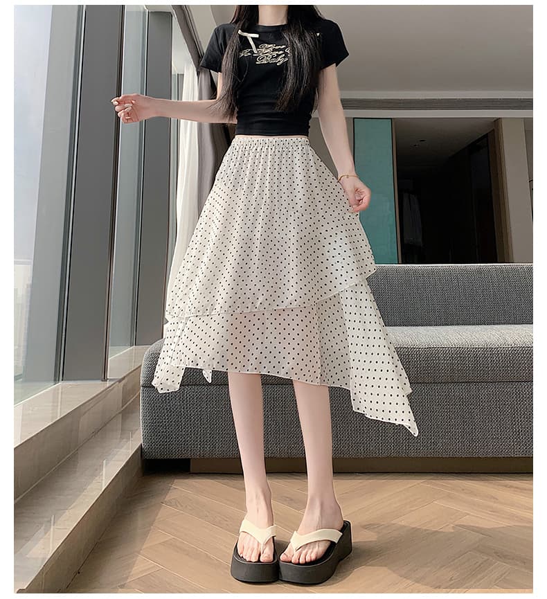 실사 레트로 도트 무늬 쉬폰 반신 스커트 여성 하이웨이스트 슬림해 보이는 불규칙 중간 스커트 프릴 도트 무늬 반신 중간 스커트 상세 이미지 25