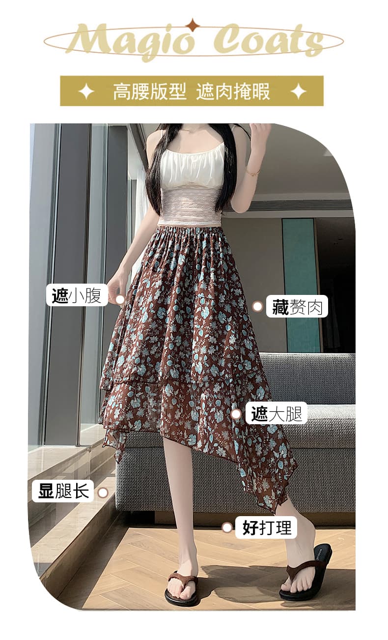 실사 여름 레트로 꽃무늬 해변 드레스 불규칙 꽃무늬 반신 스커트 프릴 치마 불규칙 5 점 중간 스커트 상세 이미지 9