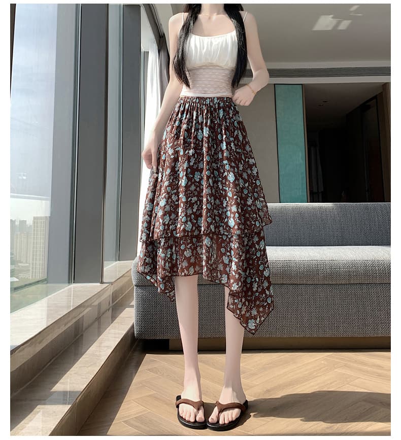 실사 여름 레트로 꽃무늬 해변 드레스 불규칙 꽃무늬 반신 스커트 프릴 치마 불규칙 5 점 중간 스커트 상세 이미지 21
