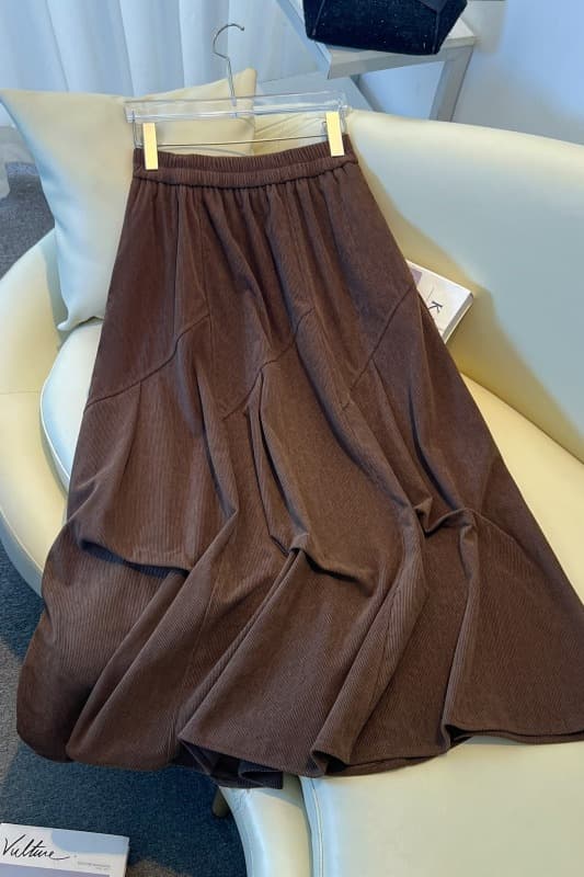 실사 가을 겨울 코듀로이 롱 스커트 중 하이웨이스트 슬림해 보이는 반신 스커트 디자인 센스 펌프 Pleat 중간 길이 스커트 불규칙 진자 치마 이미지 6
