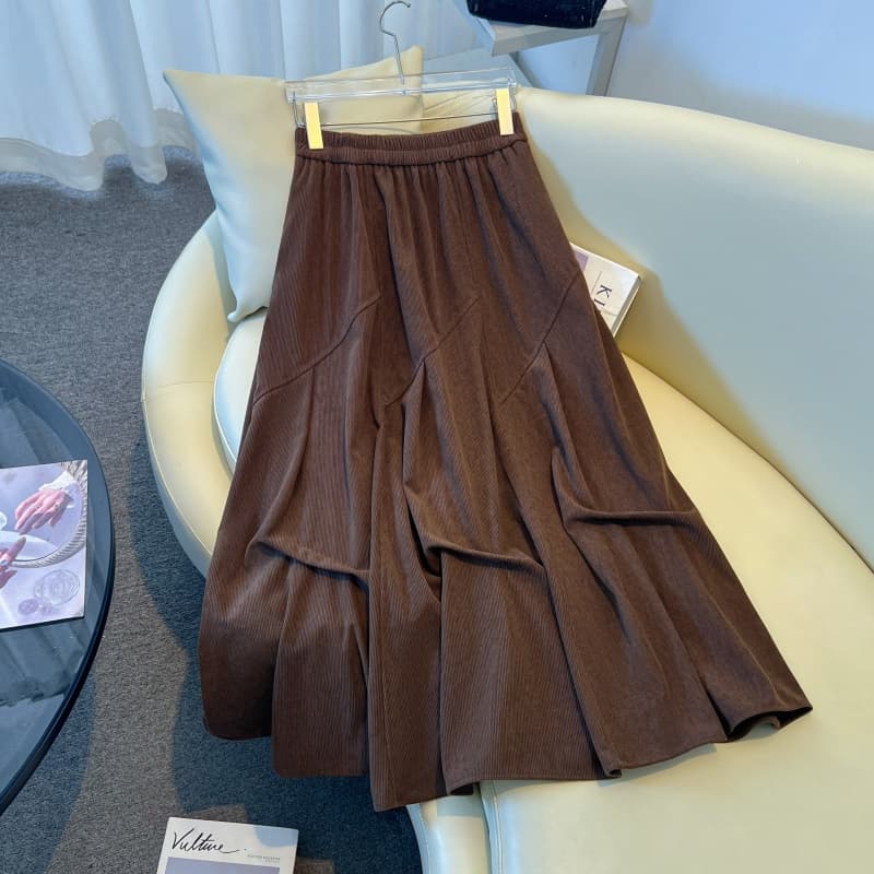 실사 가을 겨울 코듀로이 롱 스커트 중 하이웨이스트 슬림해 보이는 반신 스커트 디자인 센스 펌프 Pleat 중간 길이 스커트 불규칙 진자 치마 상세 이미지 11