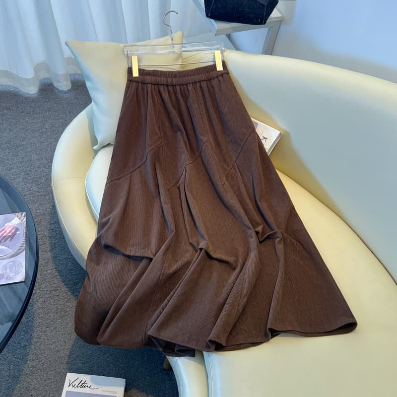 실사 가을 겨울 코듀로이 롱 스커트 중 하이웨이스트 슬림해 보이는 반신 스커트 디자인 센스 펌프 Pleat 중간 길이 스커트 불규칙 진자 치마 상세 이미지 19