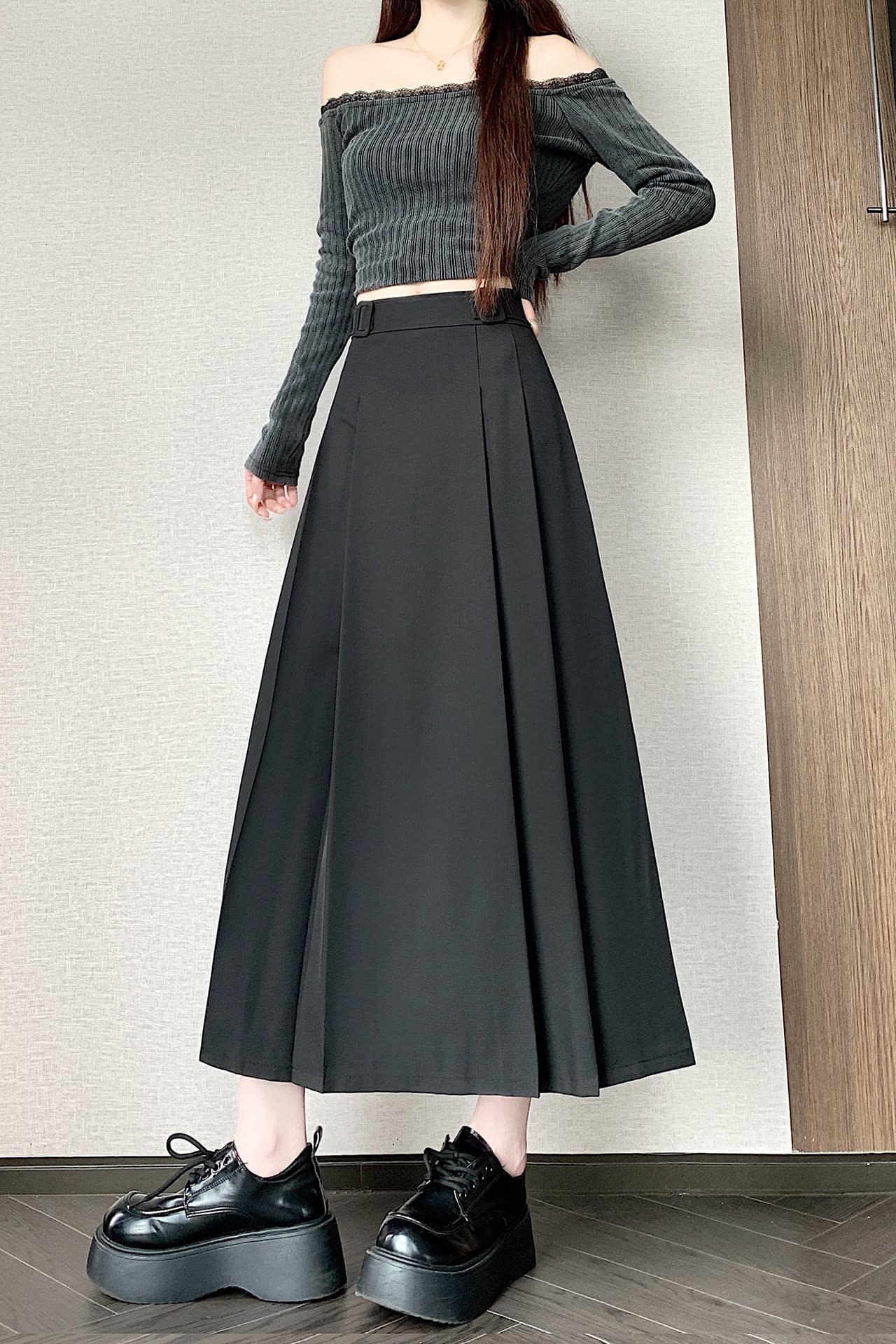 실사 한 부서 정장 중간 길이 플리츠 반신 스커트 여성 하이웨이스트 슬림해 보이는 정장 치마 더블 바지 허리 디자인 A라인 스커트 이미지 7