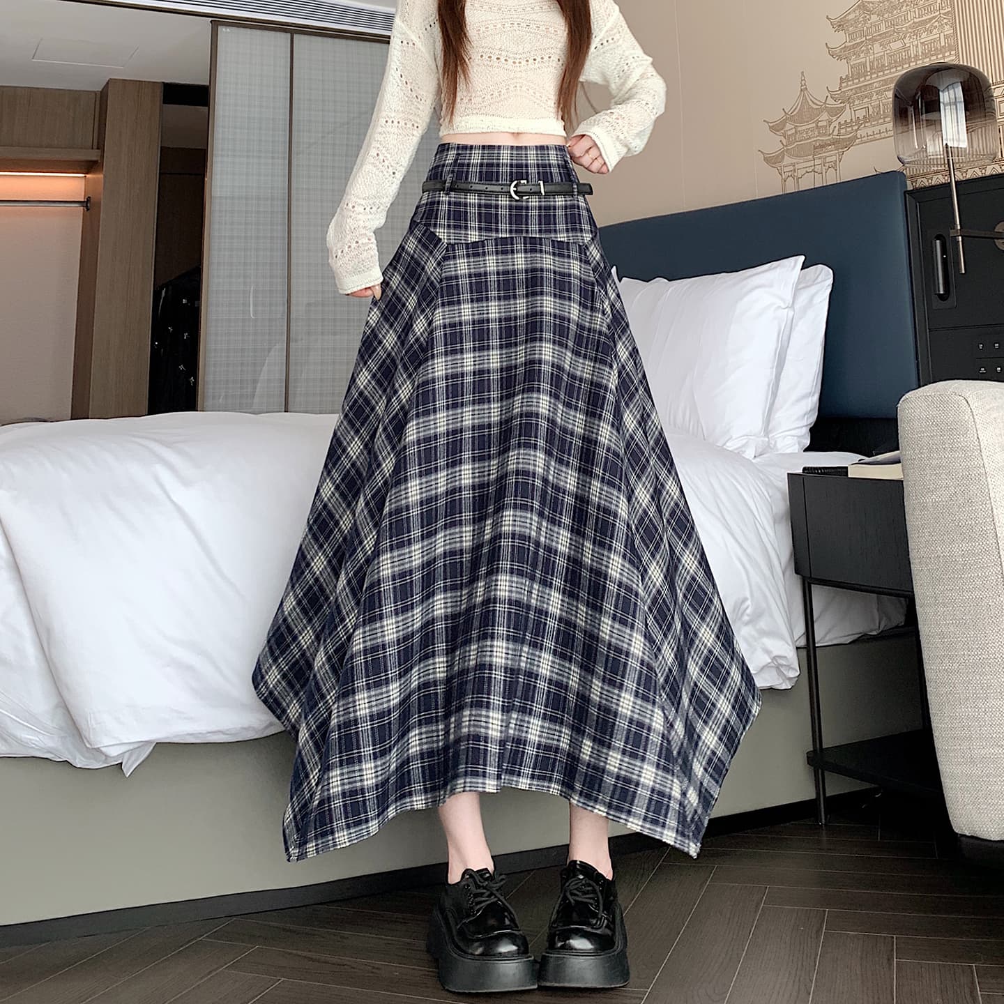 실사 가을 겨울 아메리칸 체크무늬 레트로 불규칙 반신 스커트 여성 하이웨이스트 중간 길이 프릴 치마 큰 진자 치마 이미지 4