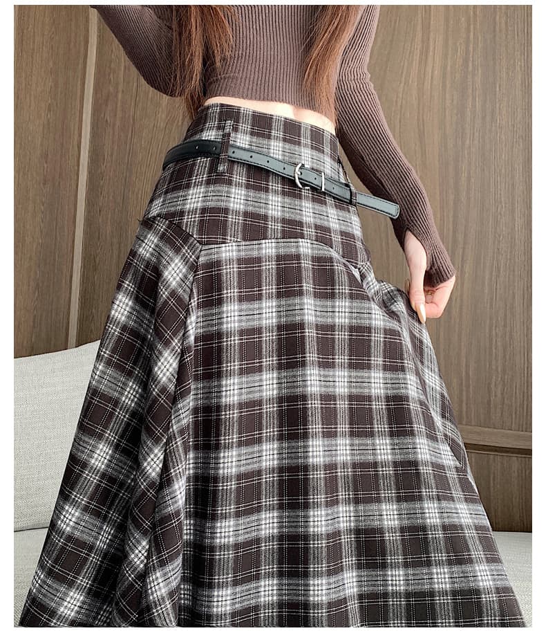 실사 가을 겨울 아메리칸 체크무늬 레트로 불규칙 반신 스커트 여성 하이웨이스트 중간 길이 프릴 치마 큰 진자 치마 상세 이미지 30