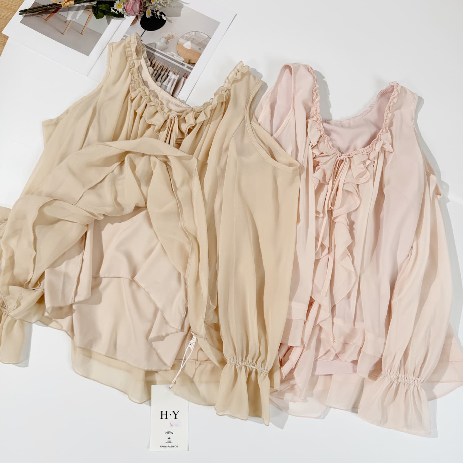 famouswang 봄 새로운 따뜻한 비취 프릴 쉬폰 부드러운 바람 오프숄더 긴팔 쉬폰 블라우스 맨위 상세 이미지 26