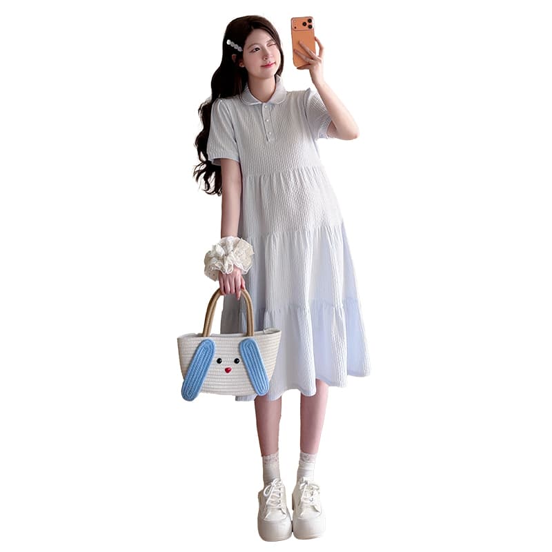 대 물품 실사 출산 착용 여름 드레스 2026 새로운 품격 허리 수축 반팔 퍼프 레이스 셔츠 드레스 이미지 5