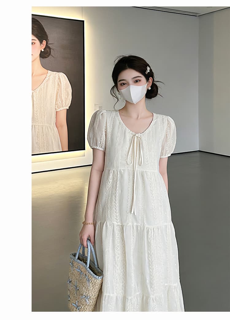 대 물품 출산 착용 여름 새로운 2026 한국 스타일 미니멀리즘 패션 루즈핏 에디션 빅 사이즈 자수 드레스 상세 이미지 12