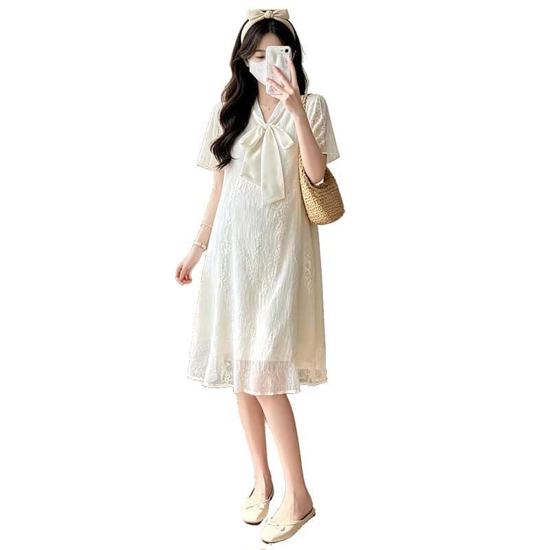 지금 2026 새로운 레이스 자수 임산부 나비 매듭 드레스 이미지 5
