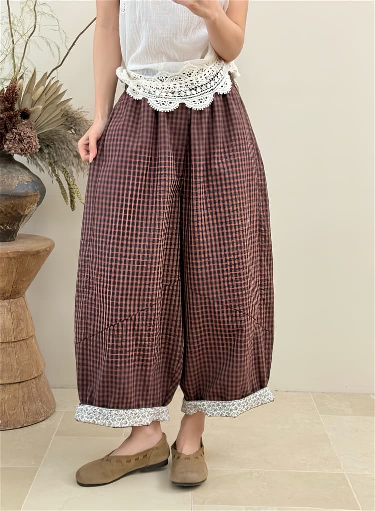 봄 여름 새로운 문예 다용도 루즈핏 넓은 다리 캐주얼 체크무늬 바지 대 에디션 모통이 칼 풍선 바지 상세 이미지 3