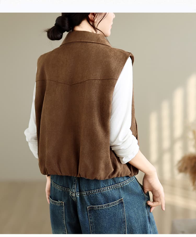 실사 가을 새로운 폴로 칼라 지퍼 더블 주머니 스웨이드 원단 어깨 베스트 재킷 여성 셔츠 상세 이미지 13