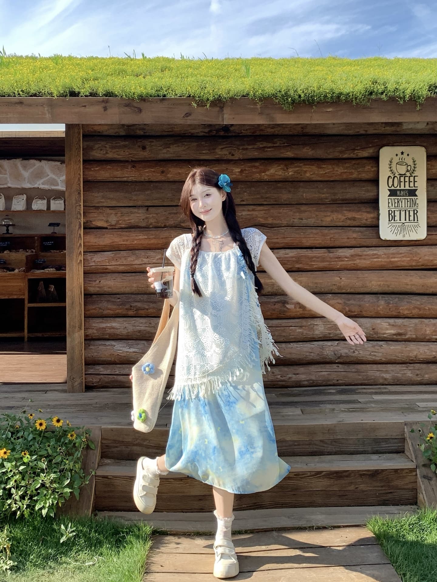 실사 정가 휴가 바람 한 부서 홀치기 염색 실 빈 레이스 조각 루즈핏 페이크 레이어드 드레스 이미지 2