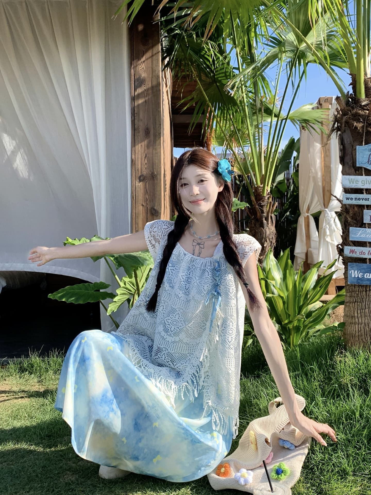 실사 정가 휴가 바람 한 부서 홀치기 염색 실 빈 레이스 조각 루즈핏 페이크 레이어드 드레스 상세 이미지 3