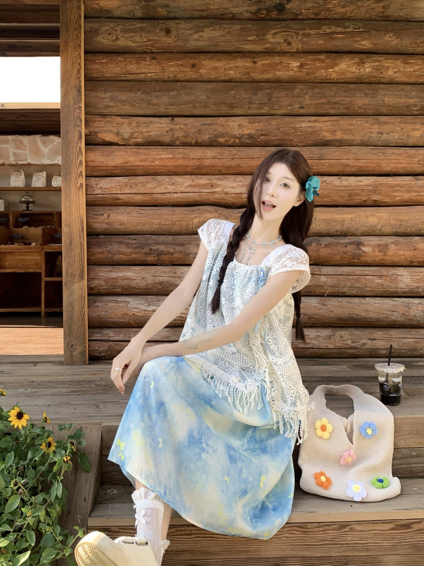 실사 정가 휴가 바람 한 부서 홀치기 염색 실 빈 레이스 조각 루즈핏 페이크 레이어드 드레스 상세 이미지 8