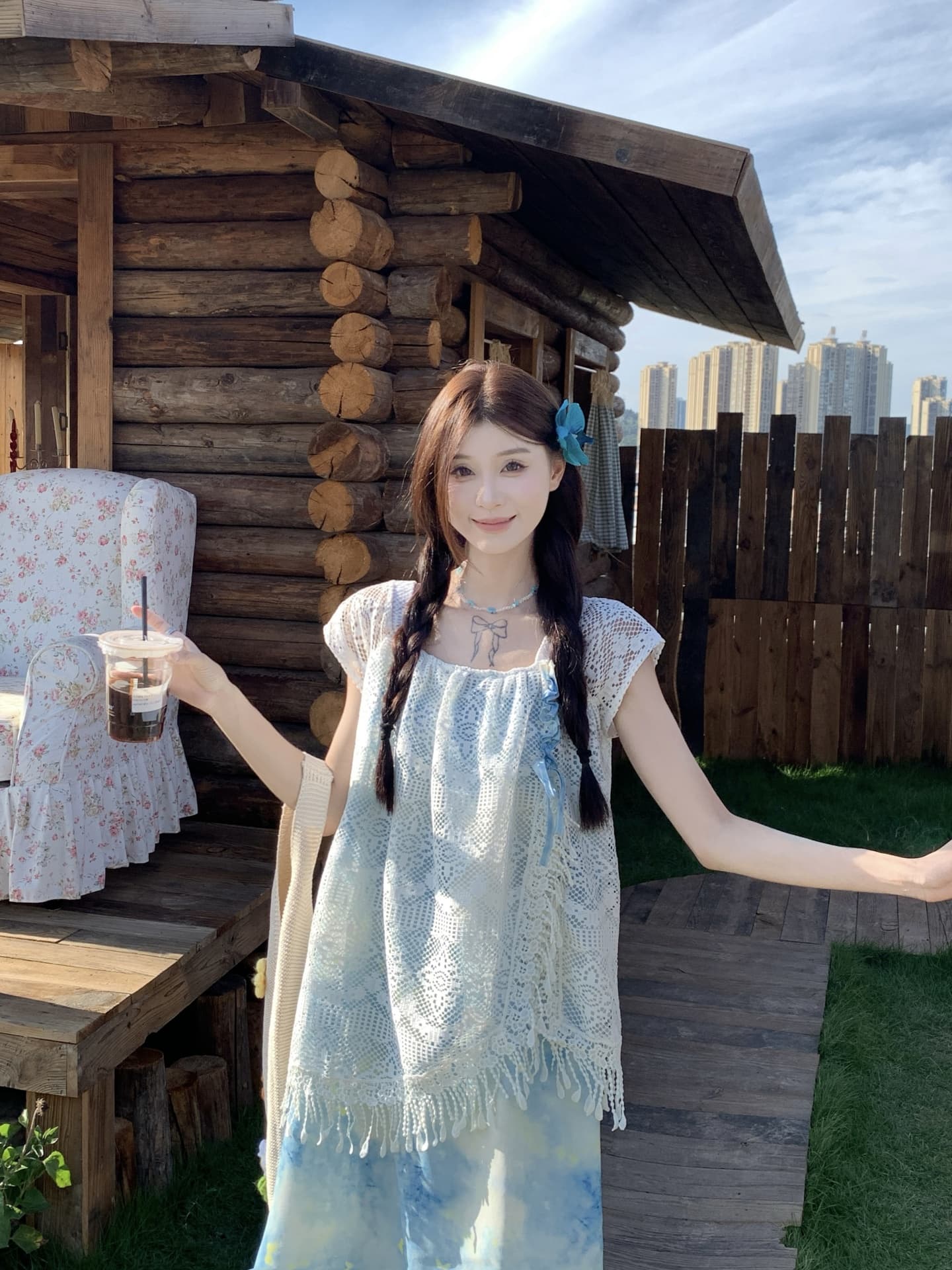 실사 정가 휴가 바람 한 부서 홀치기 염색 실 빈 레이스 조각 루즈핏 페이크 레이어드 드레스 상세 이미지 9