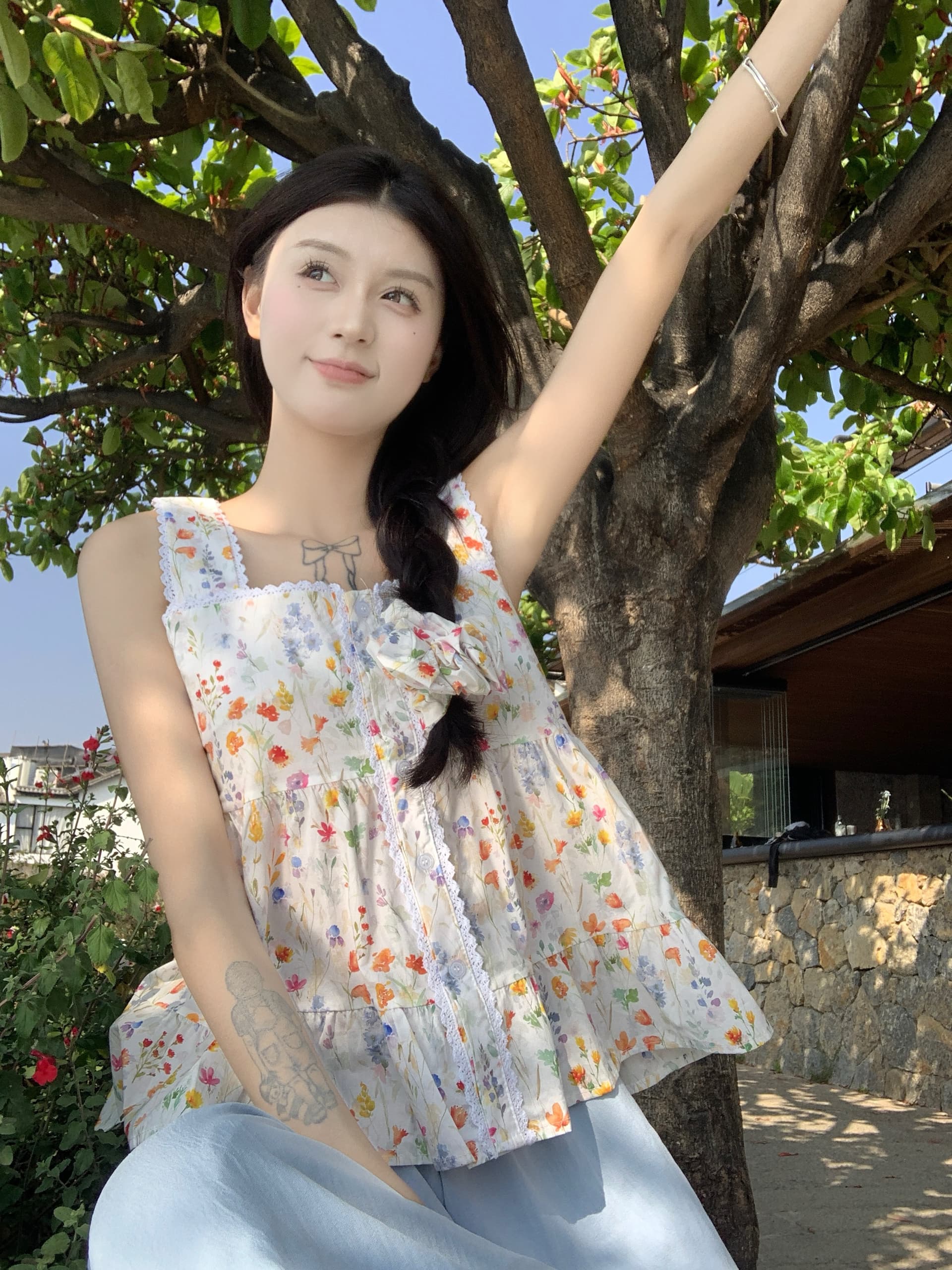 실사 정가 꽃무늬 싱글 줄 버튼 레이스 셔츠 광장 칼라 연령 감소 달콤함 캐미솔 맨위 상세 이미지 13