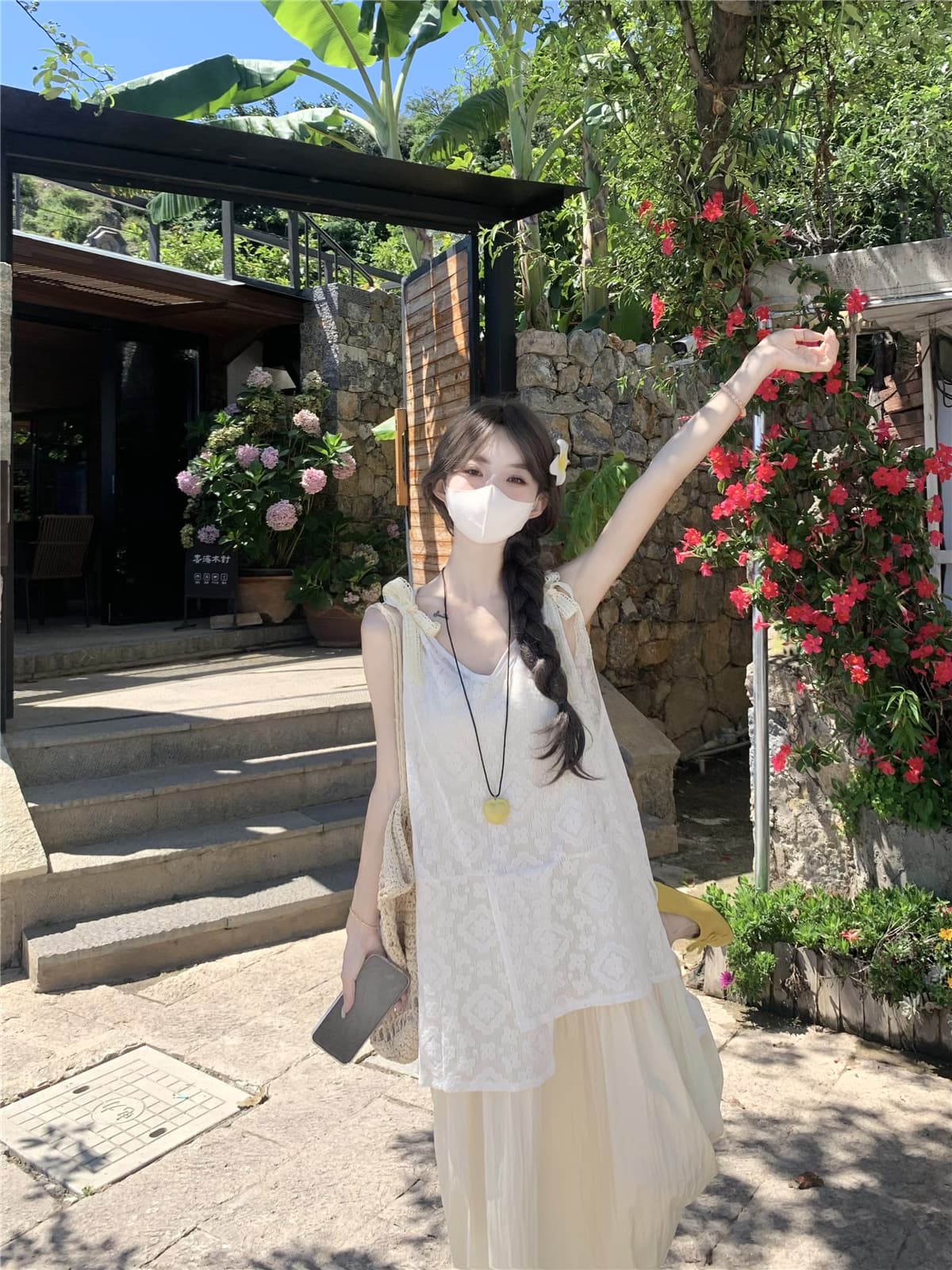 실사 정가 나비 매듭 불규칙 레이스 블라우스 슬립 드레스 스택 착용 세트 상세 이미지 7