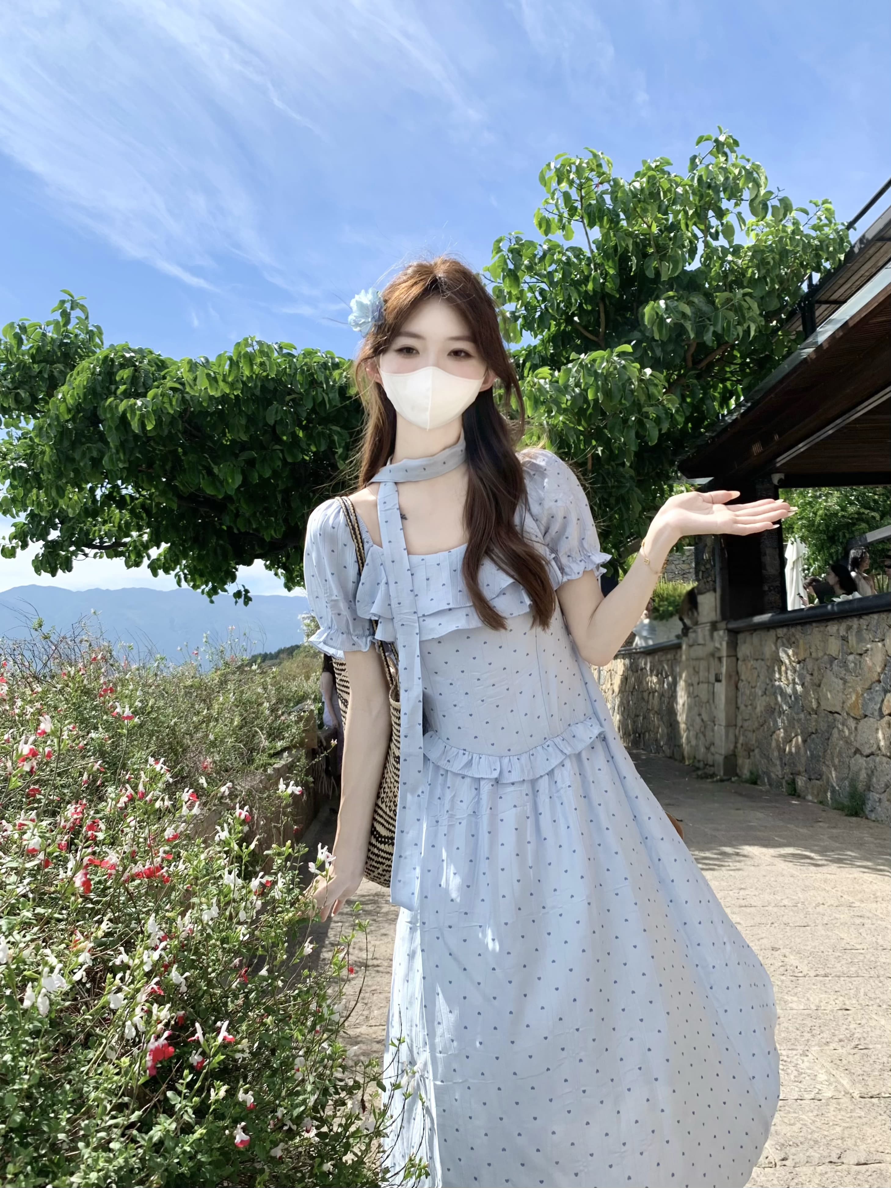실사 정가 한국 스타일 도트 무늬 슈퍼 요정 소녀 센스 품격 허리 수축 중간 길이 드레스 이미지 2