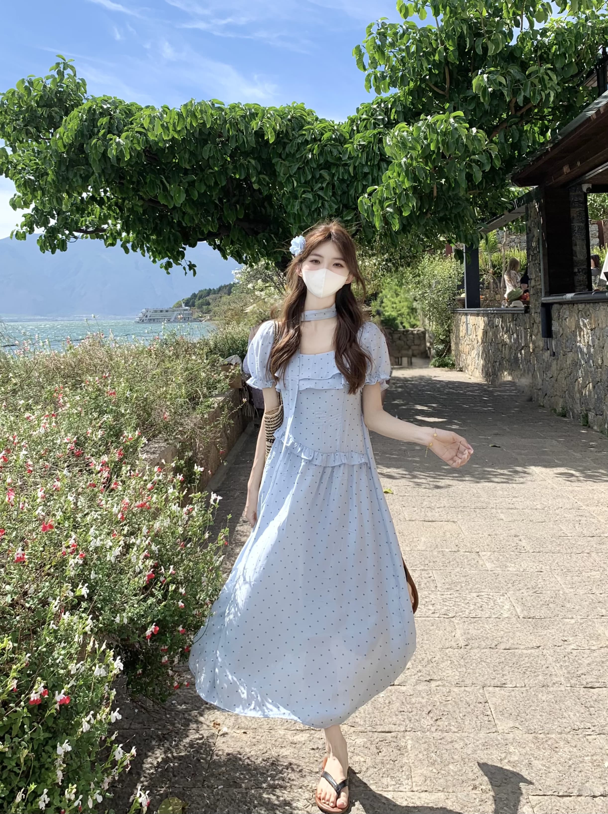 실사 정가 한국 스타일 도트 무늬 슈퍼 요정 소녀 센스 품격 허리 수축 중간 길이 드레스 상세 이미지 3